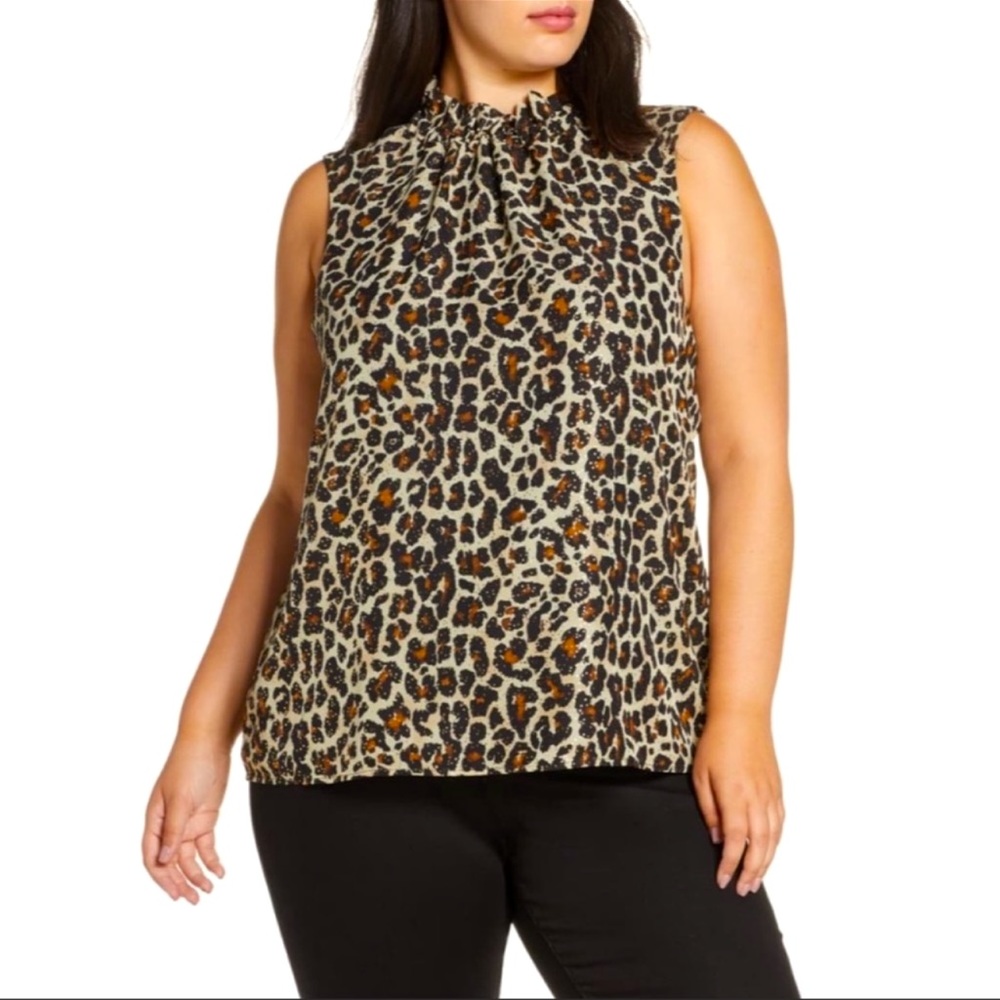 Gibson sleeveless blouse animal leopard print tan black Holiday Noel bow XXL